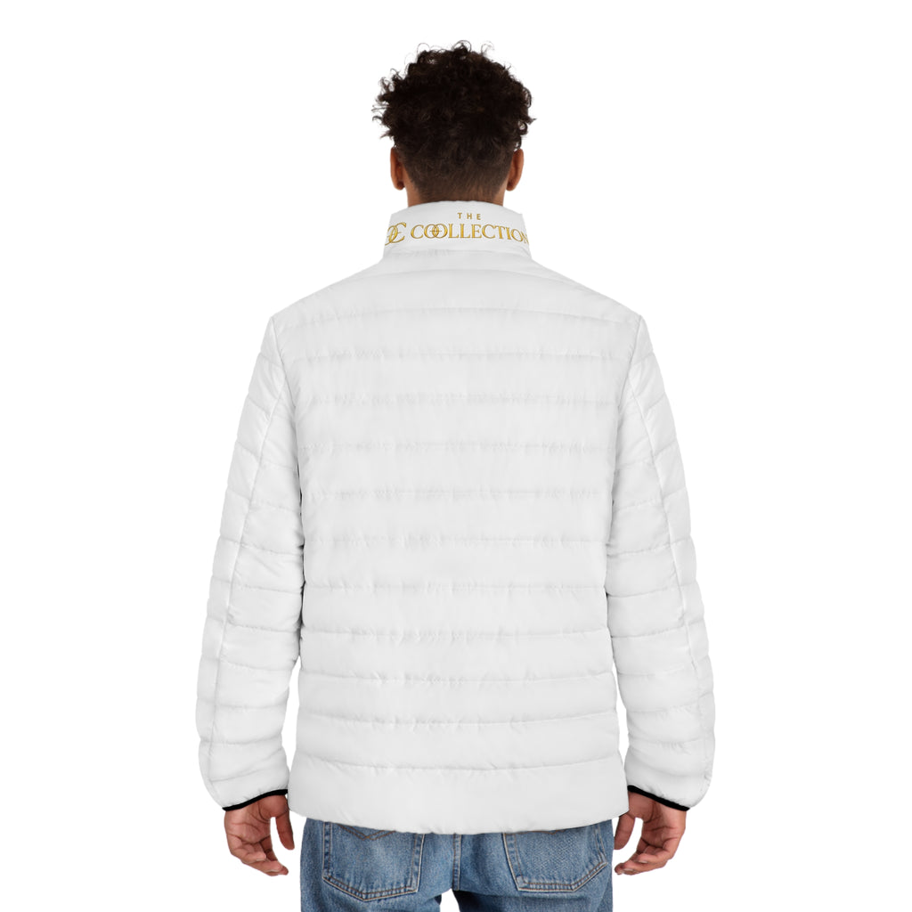 Men's White Puffer Jacket — Embroidered 'Collection' Logo, Lightweight Quilted Coat