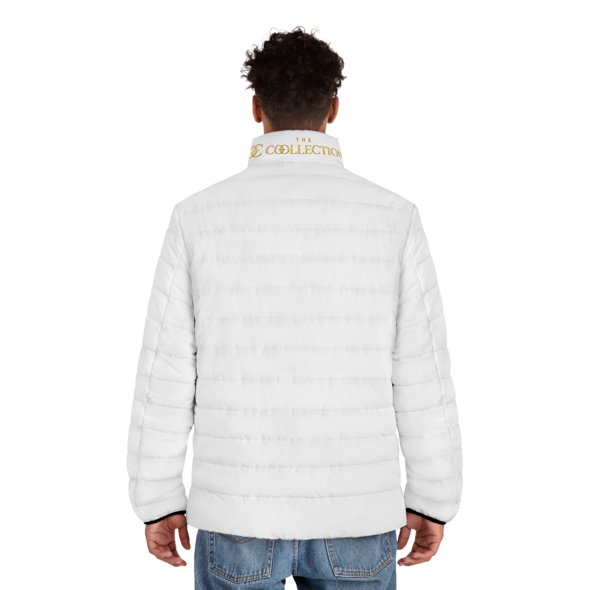 Men's White Puffer Jacket — Embroidered 'Collection' Logo, Lightweight Quilted Coat