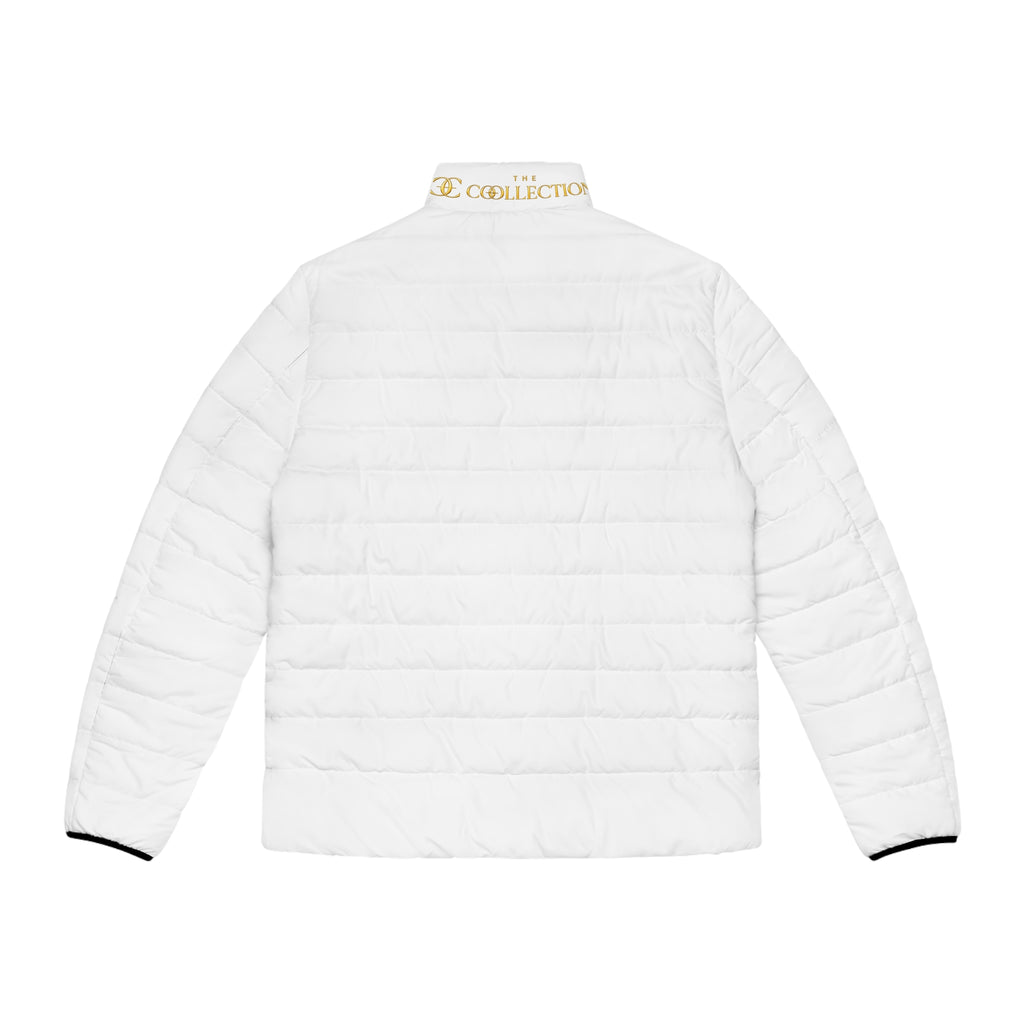 Men's White Puffer Jacket — Embroidered 'Collection' Logo, Lightweight Quilted Coat