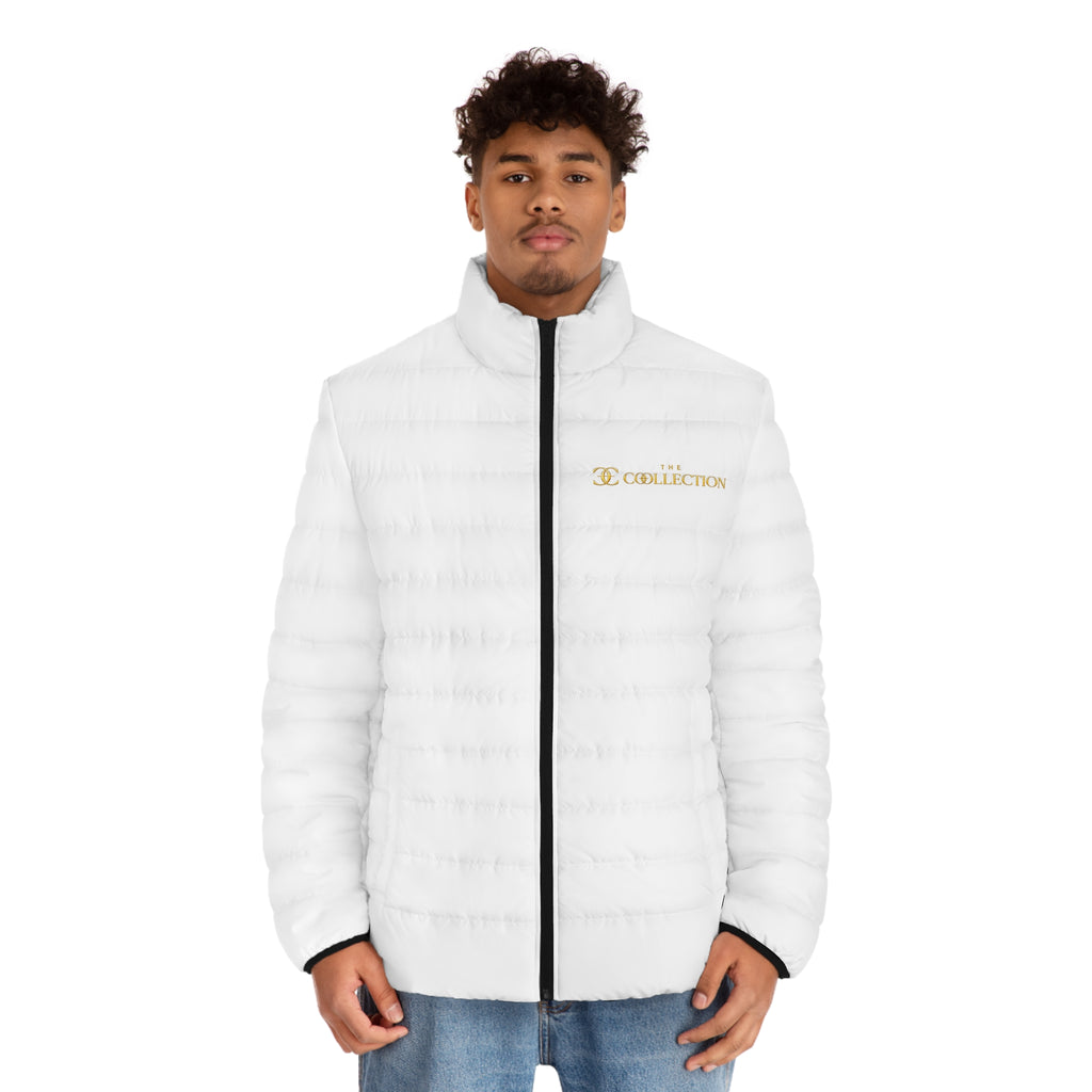 Men's White Puffer Jacket — Embroidered 'Collection' Logo, Lightweight Quilted Coat