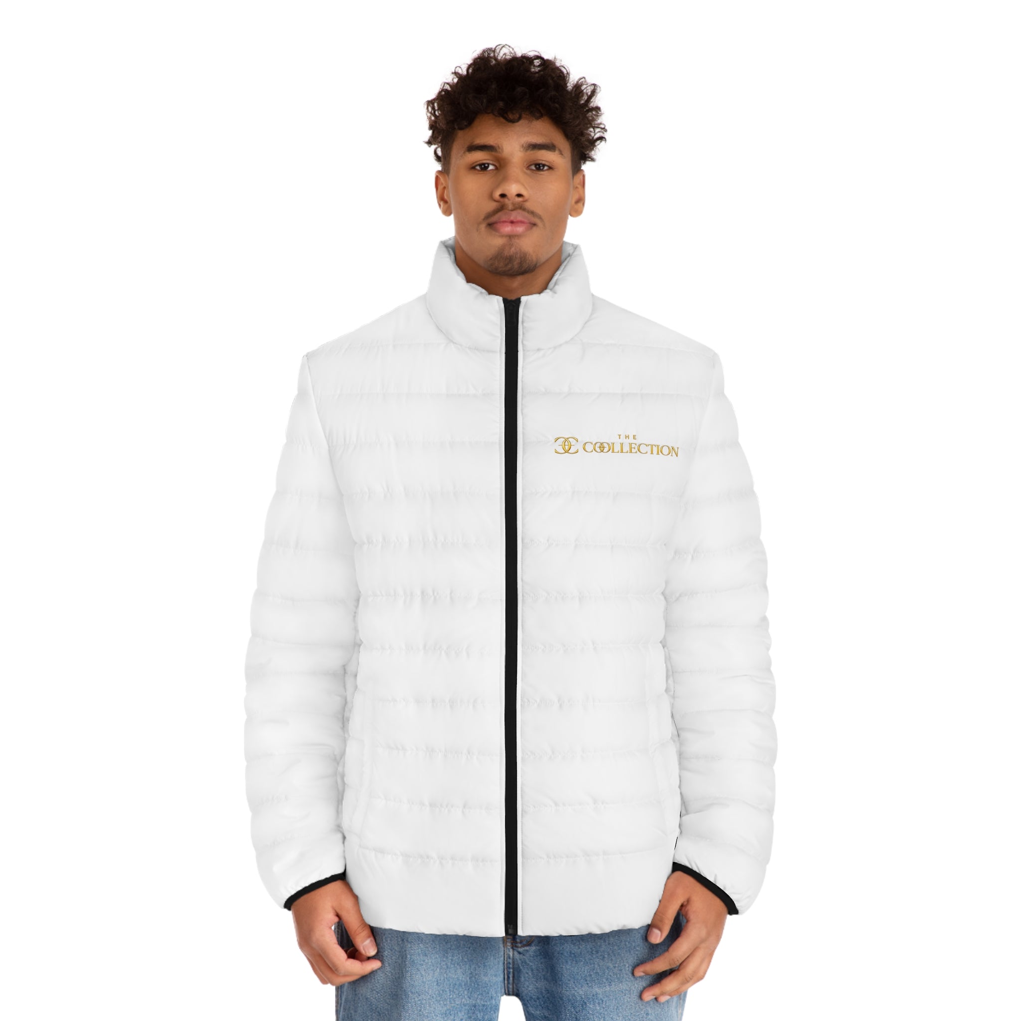 Men's White Puffer Jacket — Embroidered 'Collection' Logo, Lightweight Quilted Coat