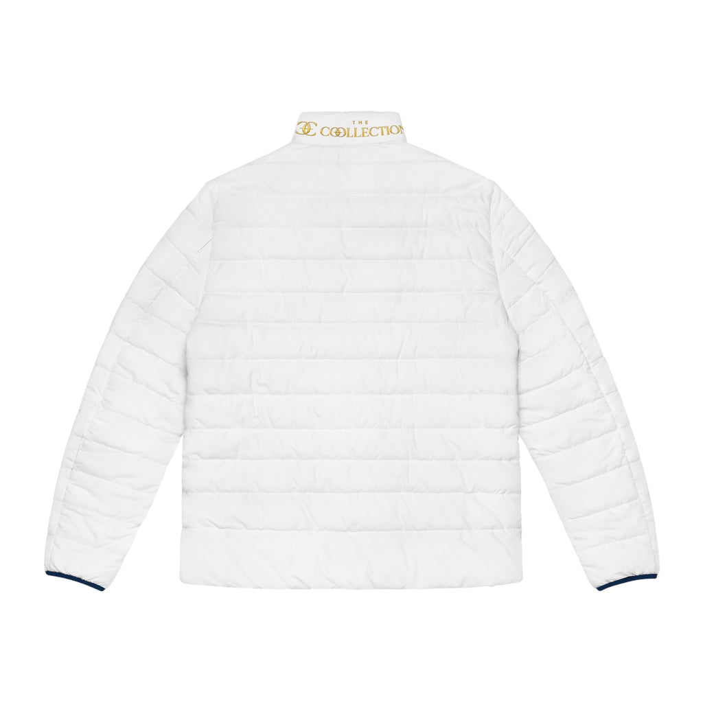 Men's White Puffer Jacket — Embroidered 'Collection' Logo, Lightweight Quilted Coat