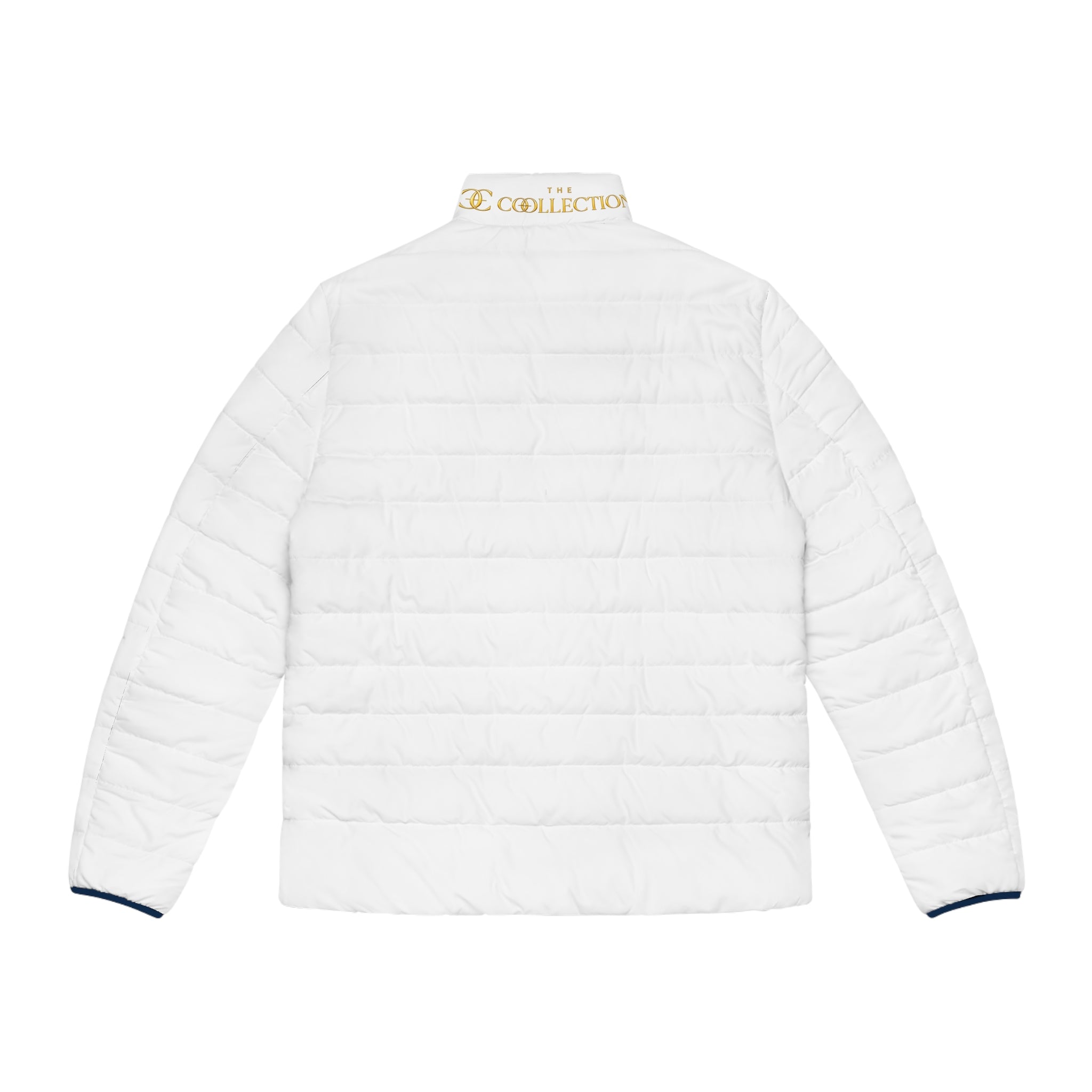 Men's White Puffer Jacket — Embroidered 'Collection' Logo, Lightweight Quilted Coat