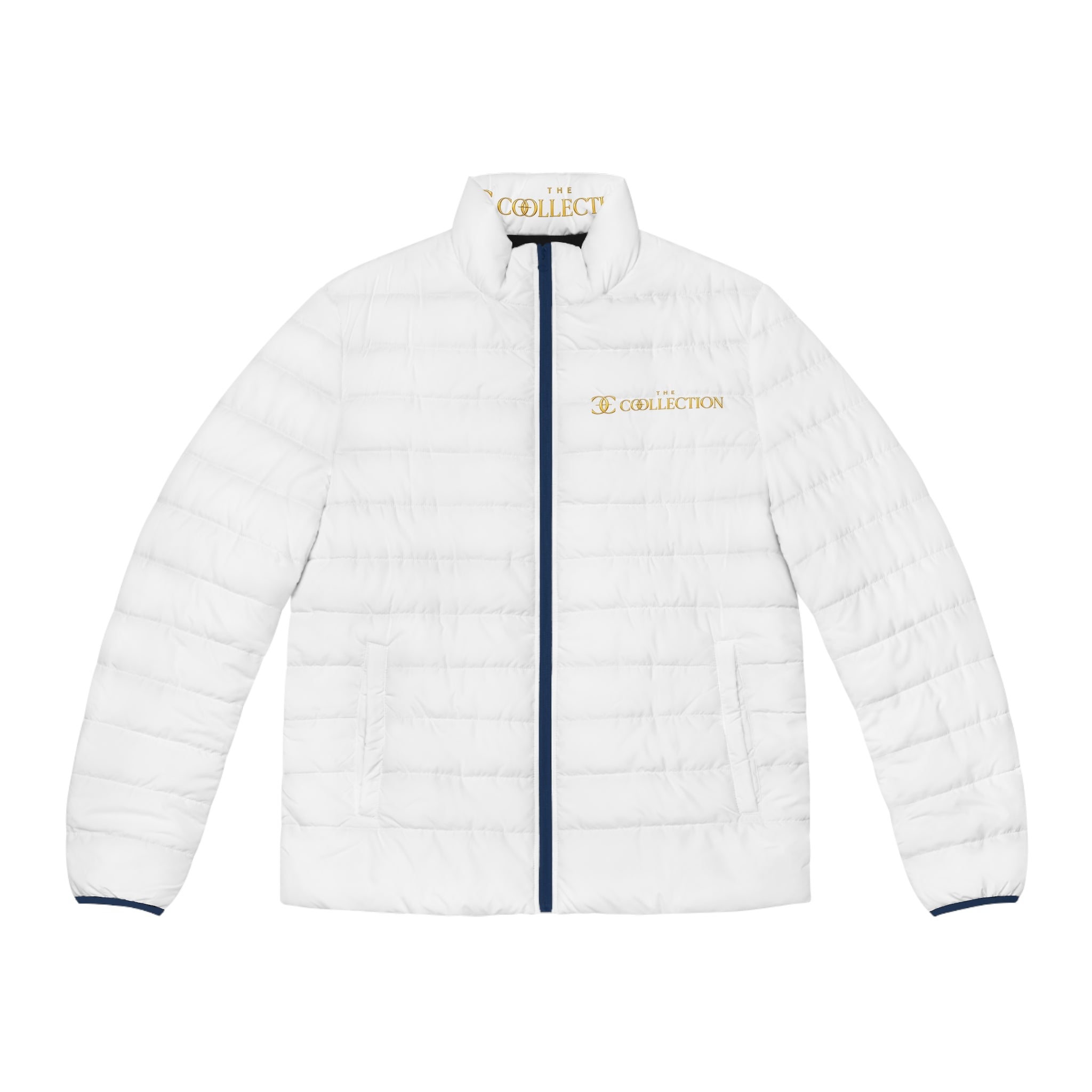Men's White Puffer Jacket — Embroidered 'Collection' Logo, Lightweight Quilted Coat
