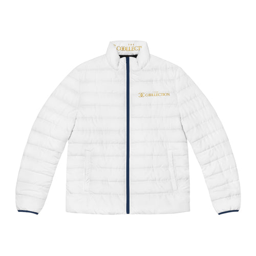 Men's White Puffer Jacket — Embroidered 'Collection' Logo, Lightweight Quilted Coat