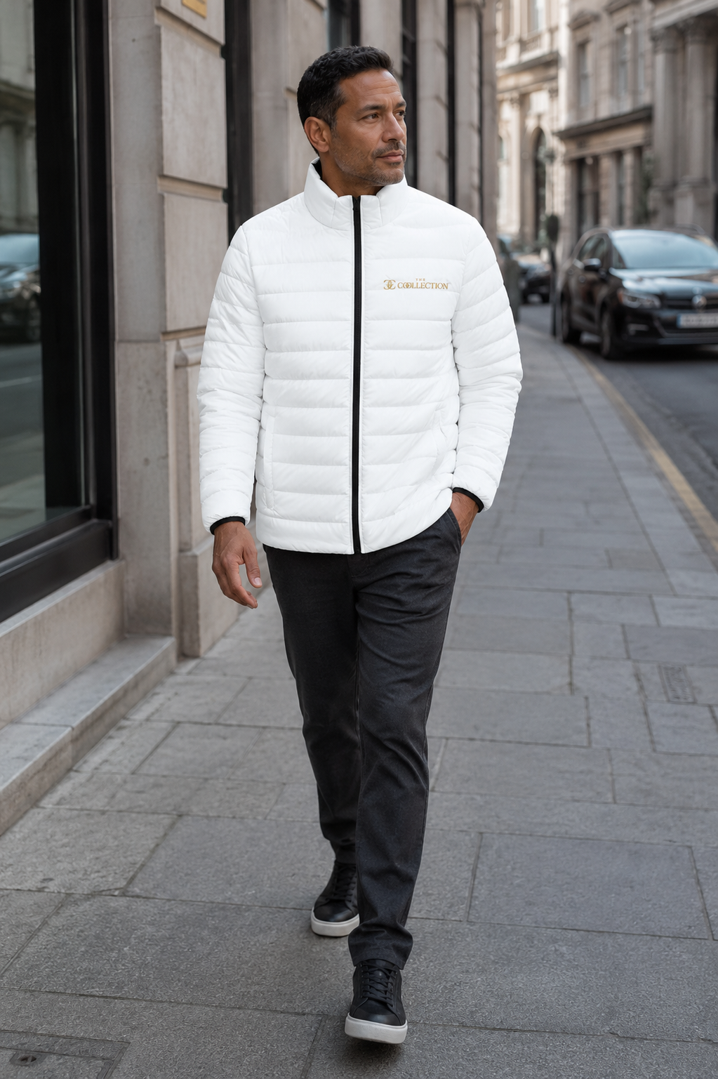 Men's White Puffer Jacket — Embroidered 'Collection' Logo, Lightweight Quilted Coat
