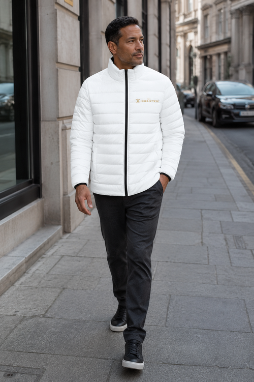 Men's White Puffer Jacket — Embroidered 'Collection' Logo, Lightweight Quilted Coat