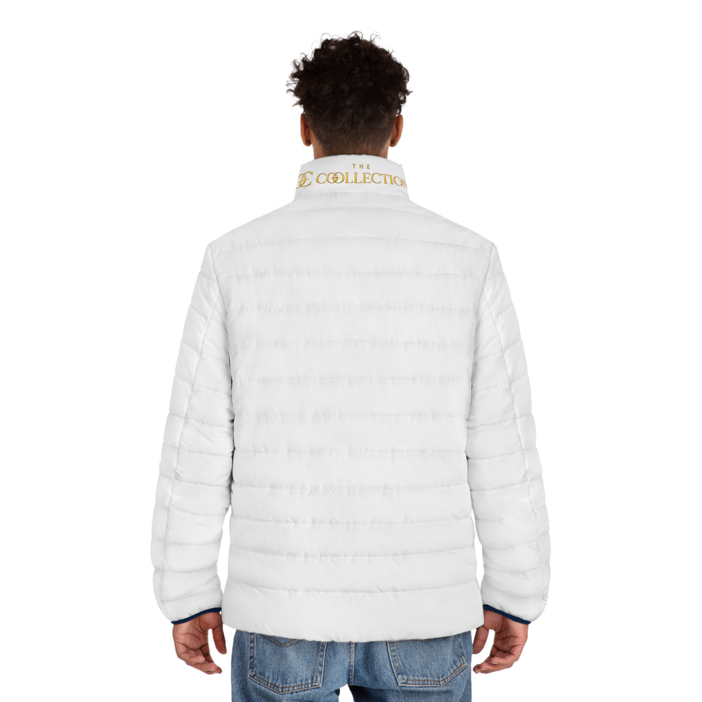 Men's White Puffer Jacket — Embroidered 'Collection' Logo, Lightweight Quilted Coat