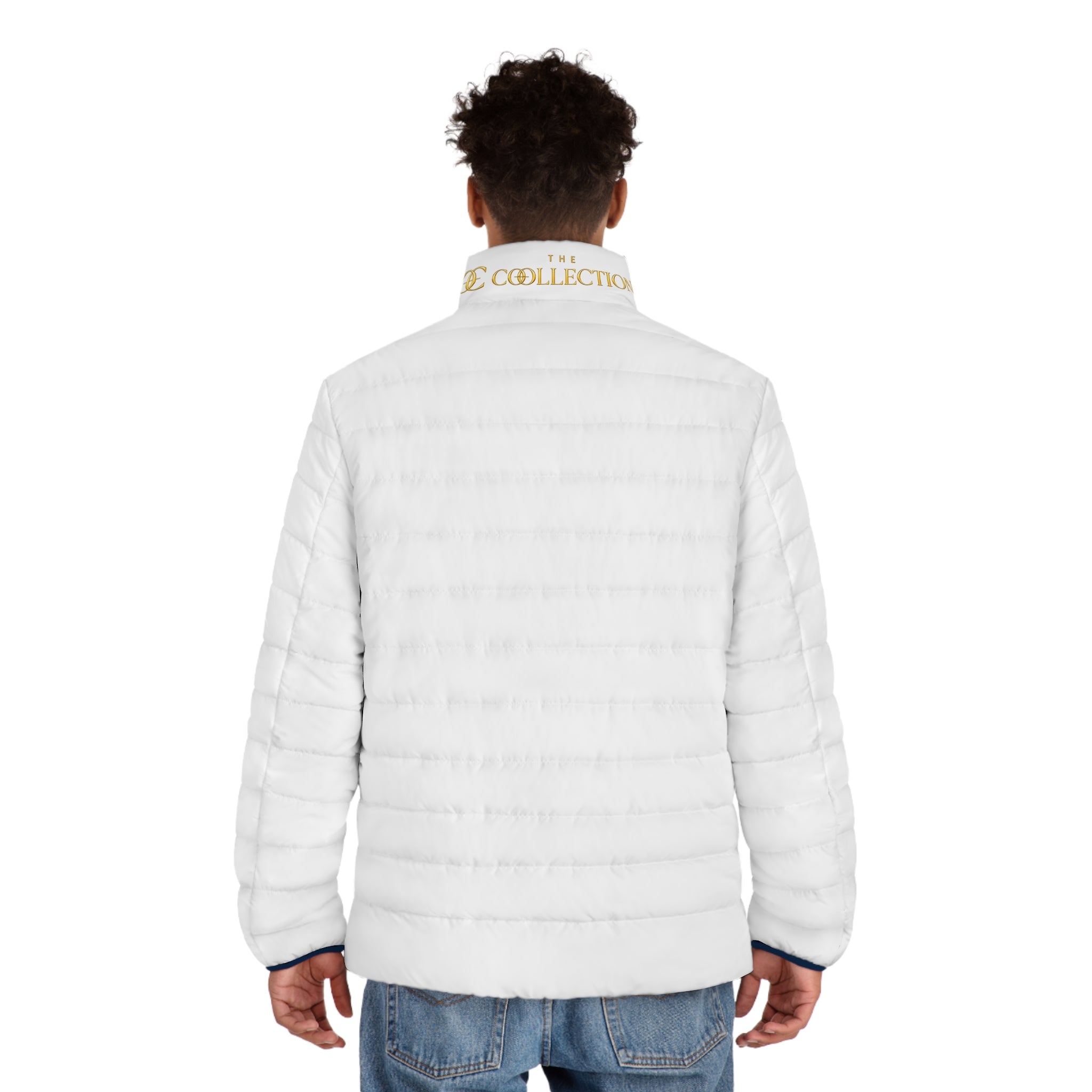 Men's White Puffer Jacket — Embroidered 'Collection' Logo, Lightweight Quilted Coat