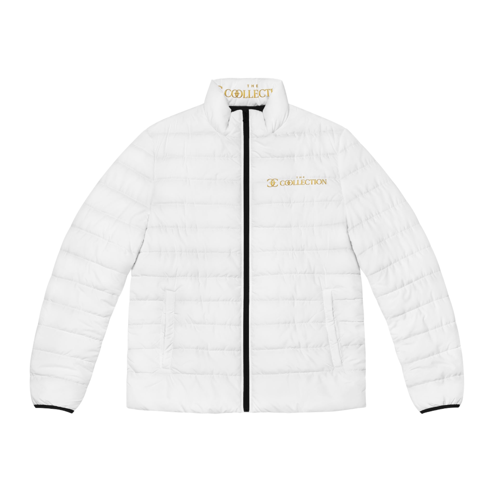 Men's White Puffer Jacket — Embroidered 'Collection' Logo, Lightweight Quilted Coat