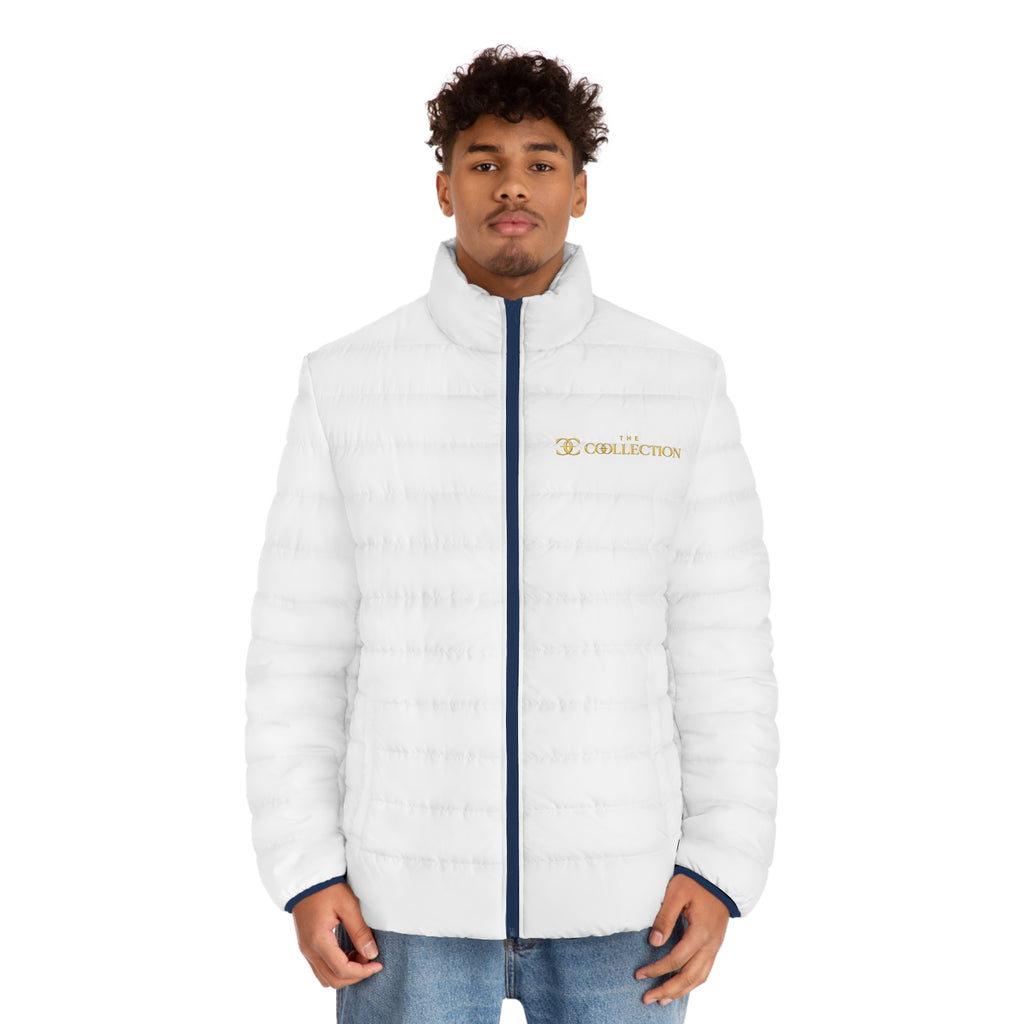 Men's White Puffer Jacket — Embroidered 'Collection' Logo, Lightweight Quilted Coat