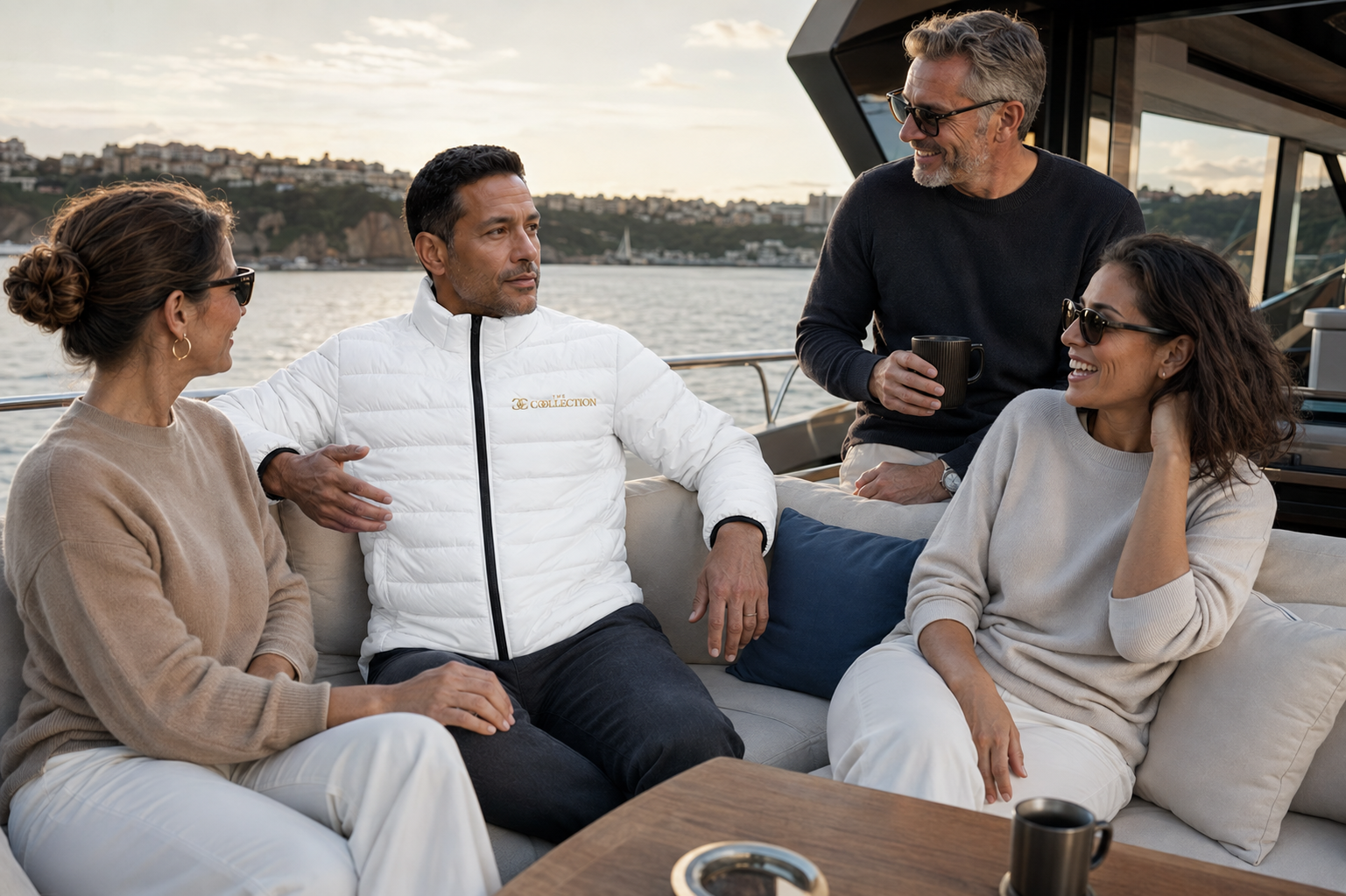 Men's White Puffer Jacket — Embroidered 'Collection' Logo, Lightweight Quilted Coat