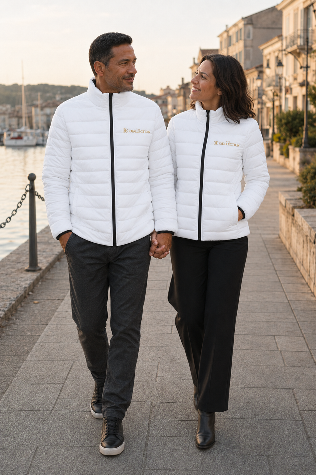 Men's White Puffer Jacket — Embroidered 'Collection' Logo, Lightweight Quilted Coat